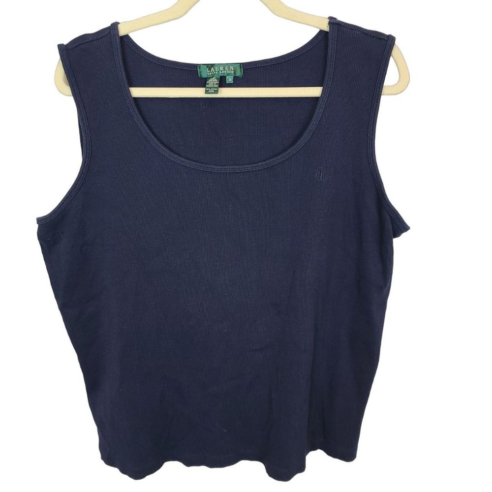 Lauren Ralph Lauren Womens 2X Blue Ribbed Knit Sleeves Scoop Neck Tank Top